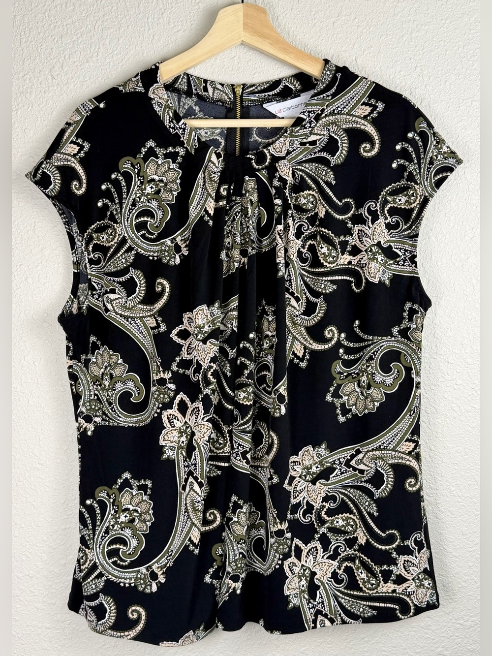 Liz Claiborne Paisley Blouse PXXL Black Olive Career Top Stretch